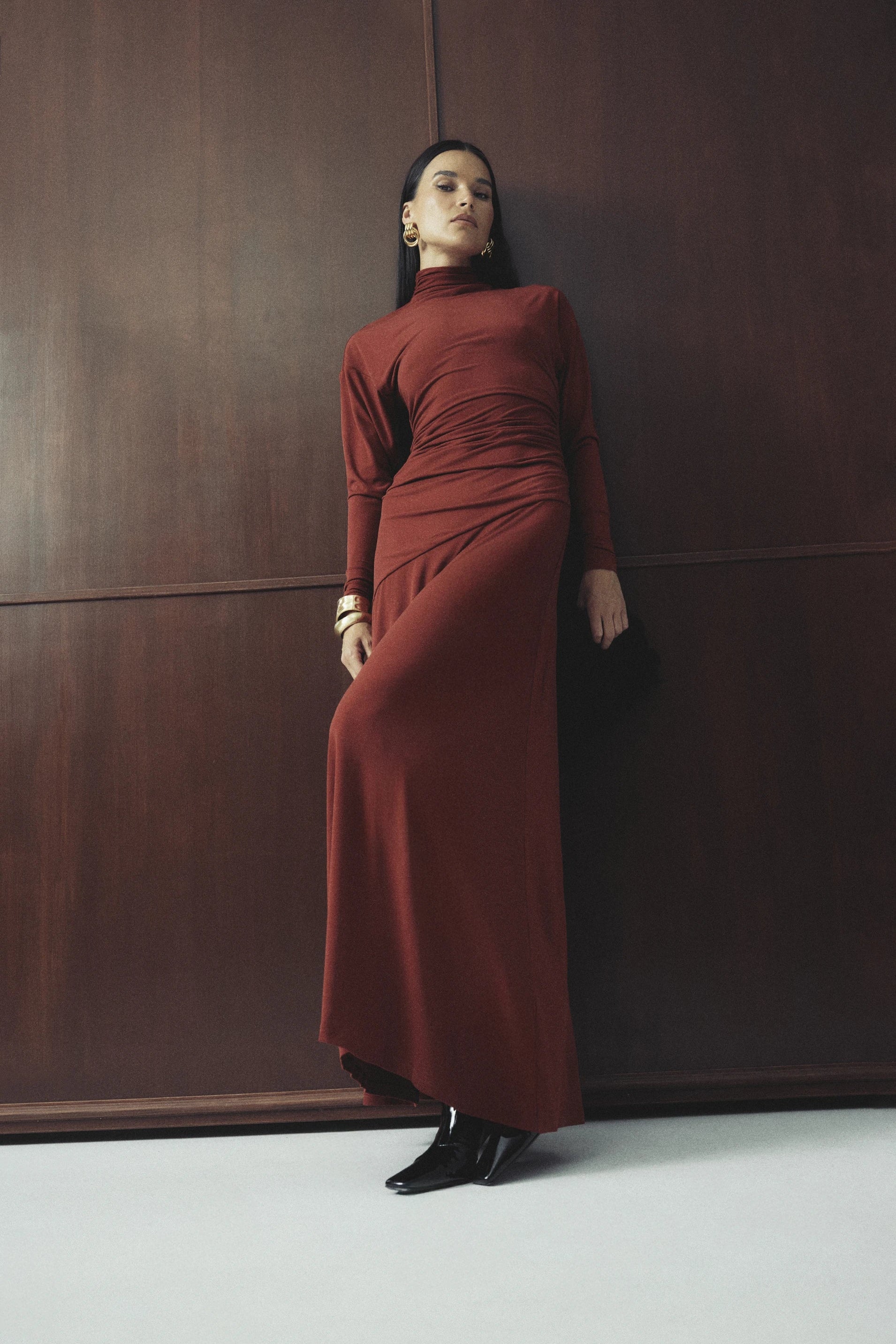 On & On Maxi Dress - Mossman | Red Stretch Jersey Long Sleeve Dress | Campaign Image