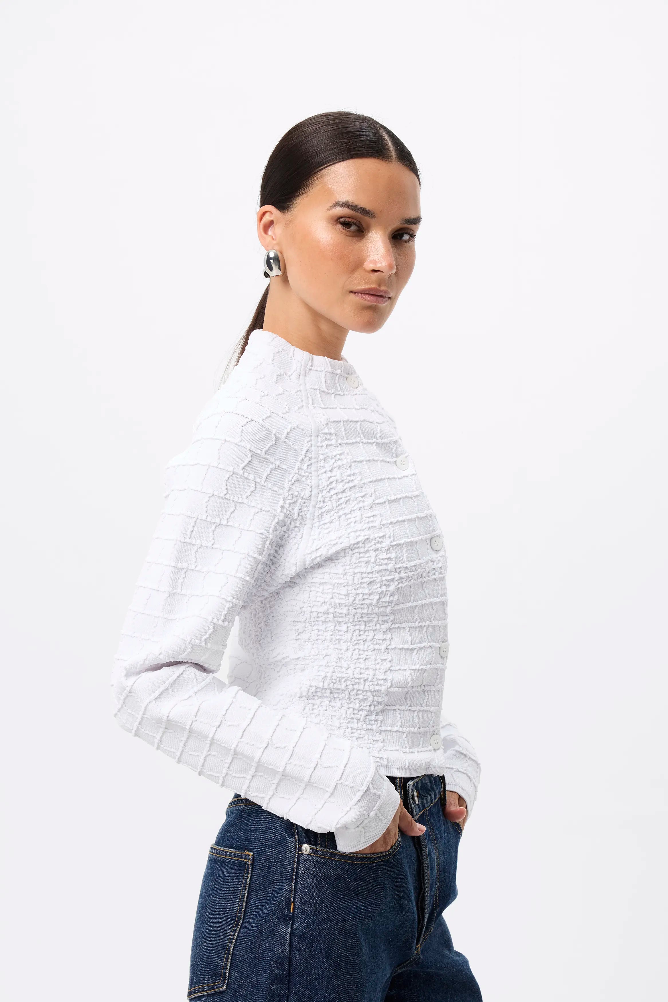 Carter Cardigan - Mossman | White Crocodile Texture Knit Top | Image 5