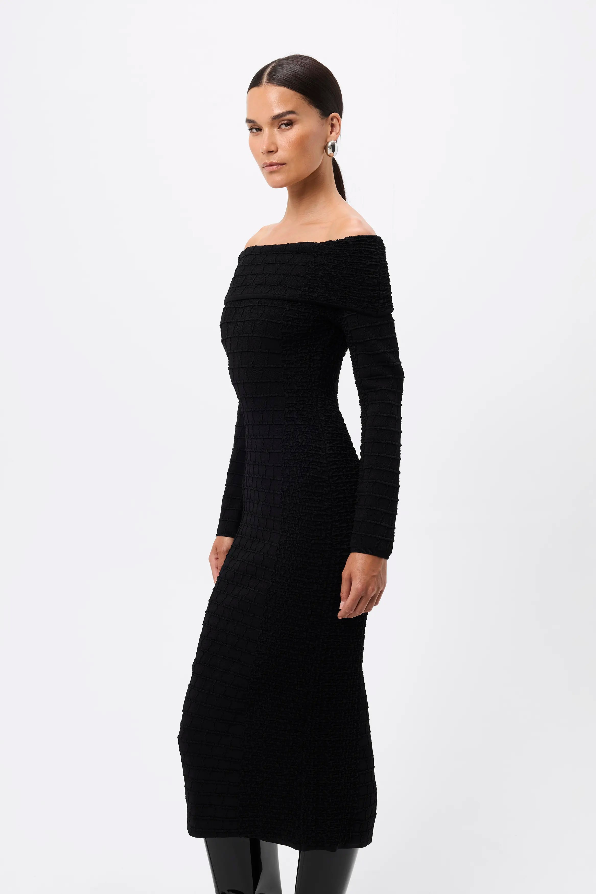 Carter Knit Midi Dress - Mossman | Black Crocodile Off Shoulder Dress | Image 6