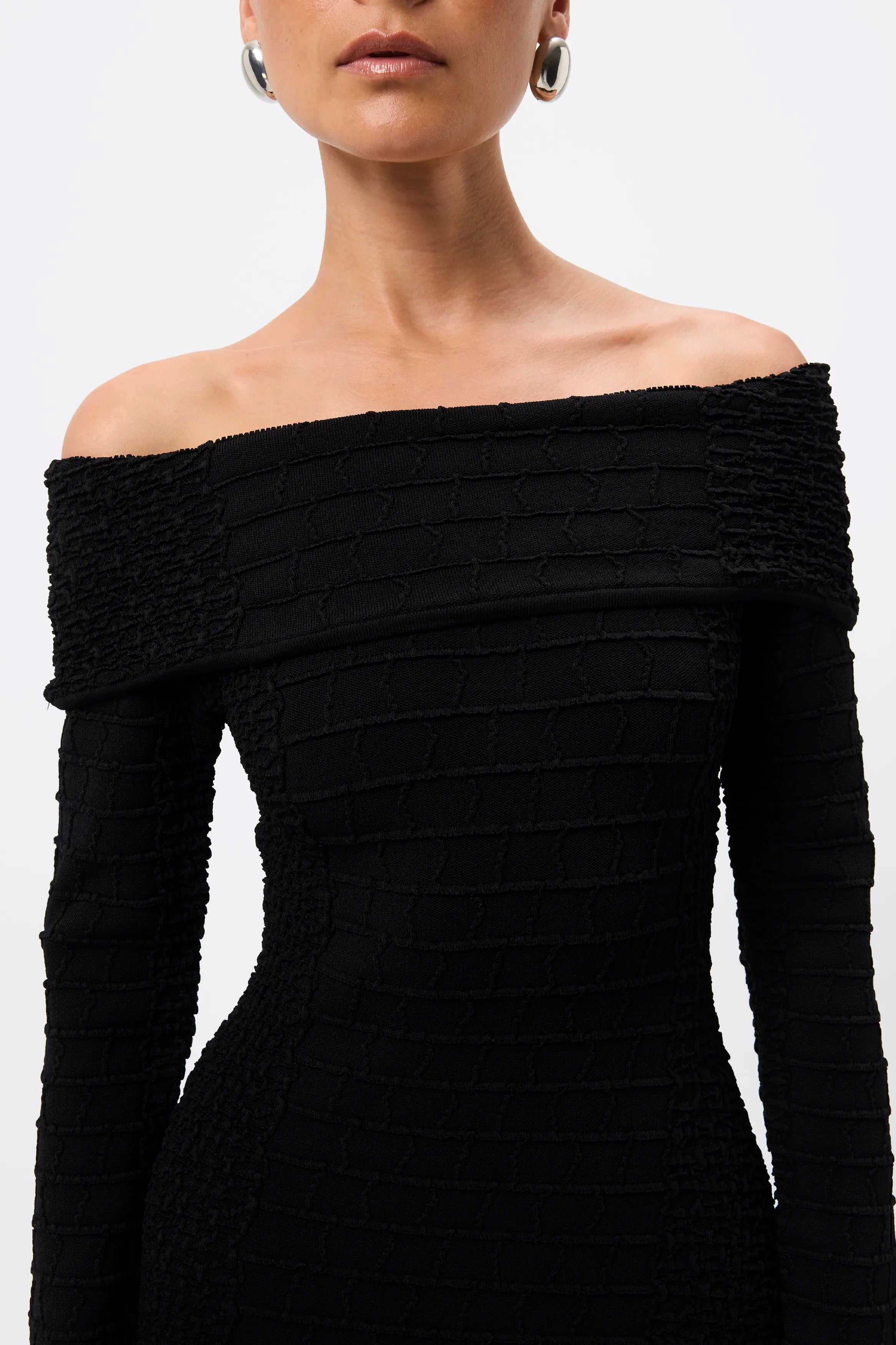 Carter Knit Midi Dress - Mossman | Black Crocodile Off Shoulder Dress | Image 3