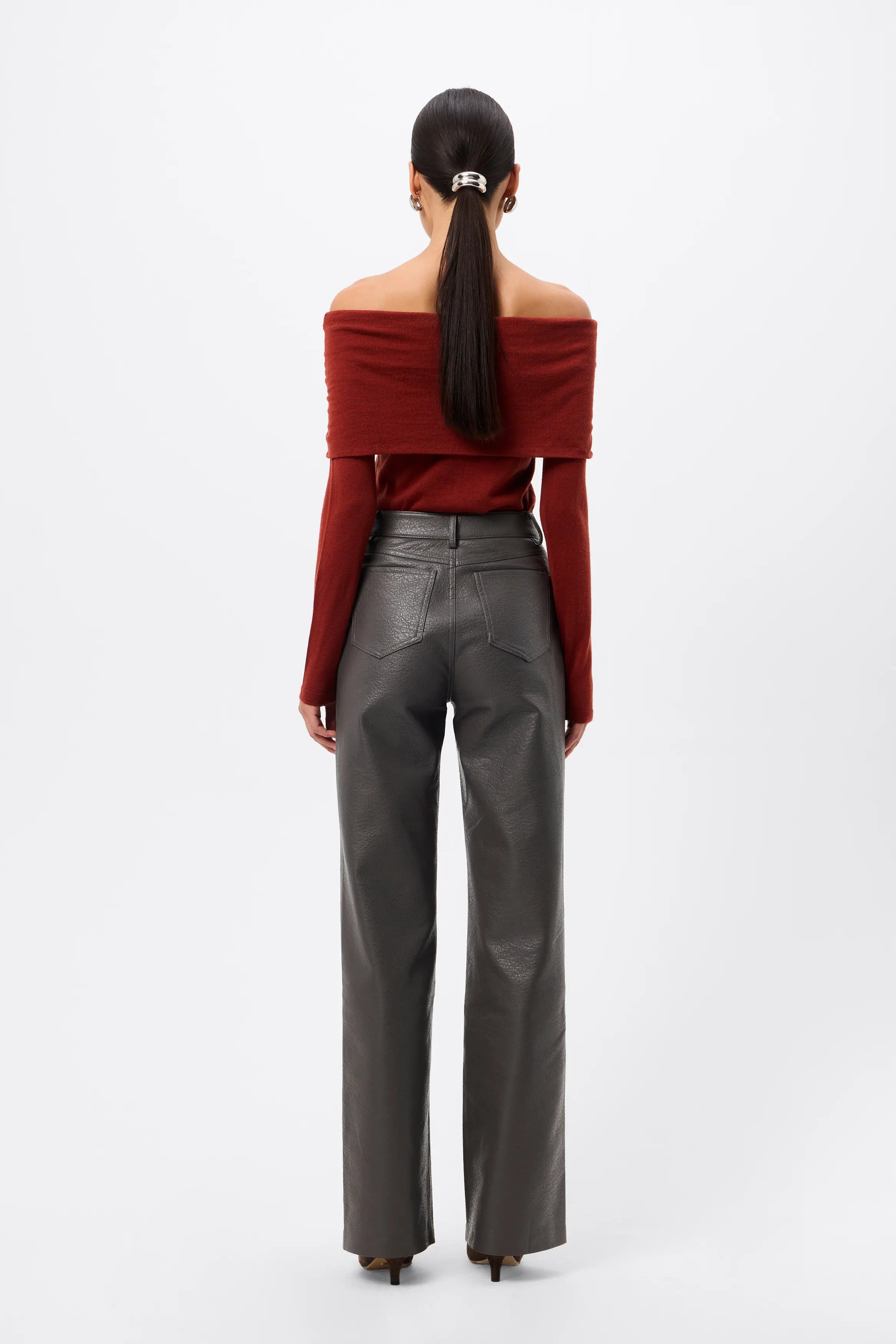Jordan Wide Leg Pant - Mossman | Grey Pebbled Leather High Waisted Fit | Image 6