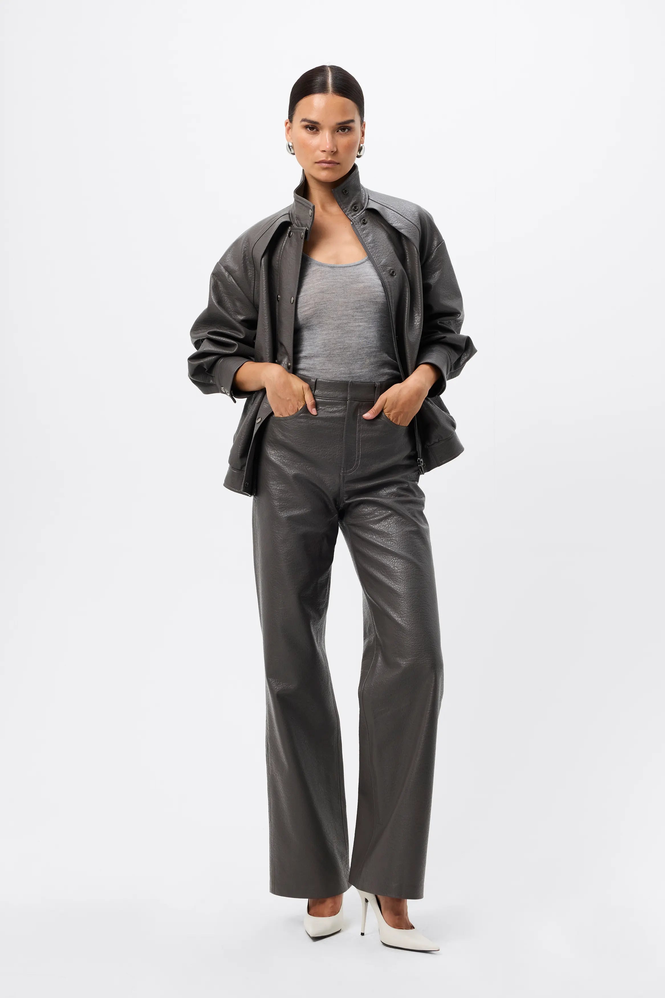 Jordan Wide Leg Pant - Mossman | Grey Pebbled Leather High Waisted Fit | Image 5