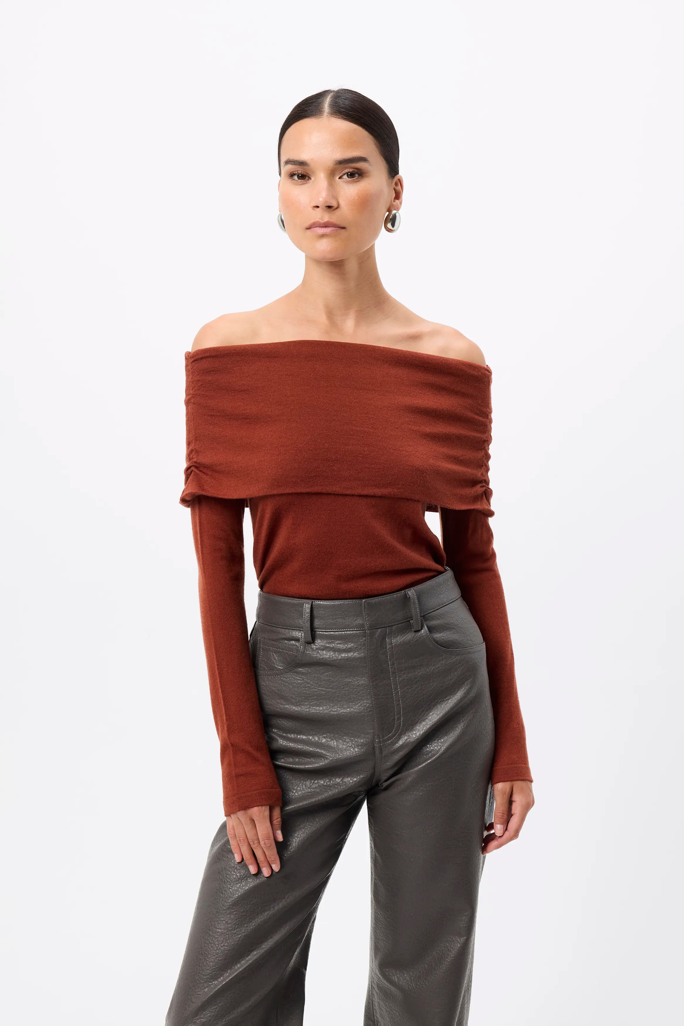 Maine Off Shoulder Merino Top - Mossman | Red Women's Knit Top | Image 1