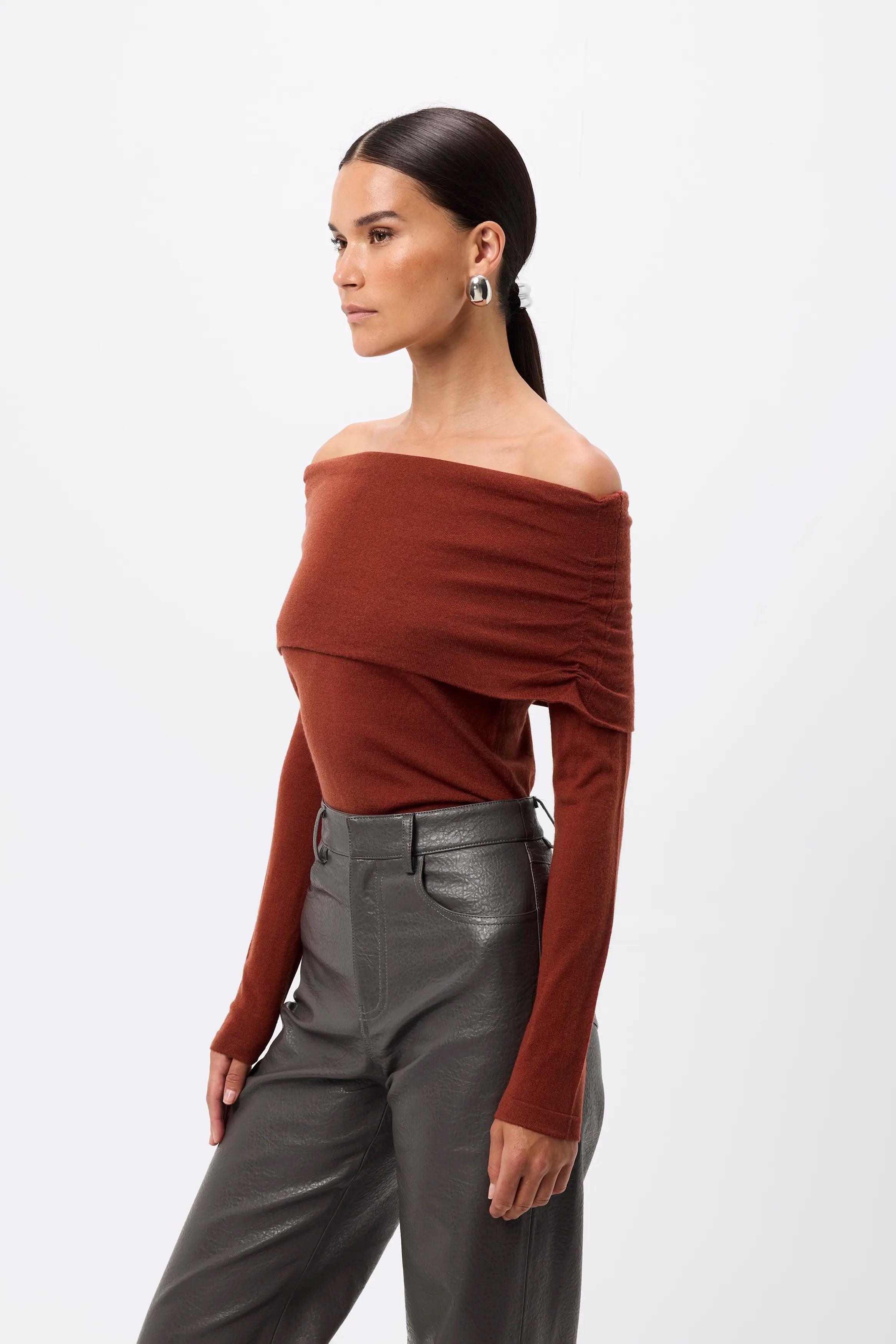 Maine Off Shoulder Merino Top - Mossman | Red Women's Knit Top | Image 5