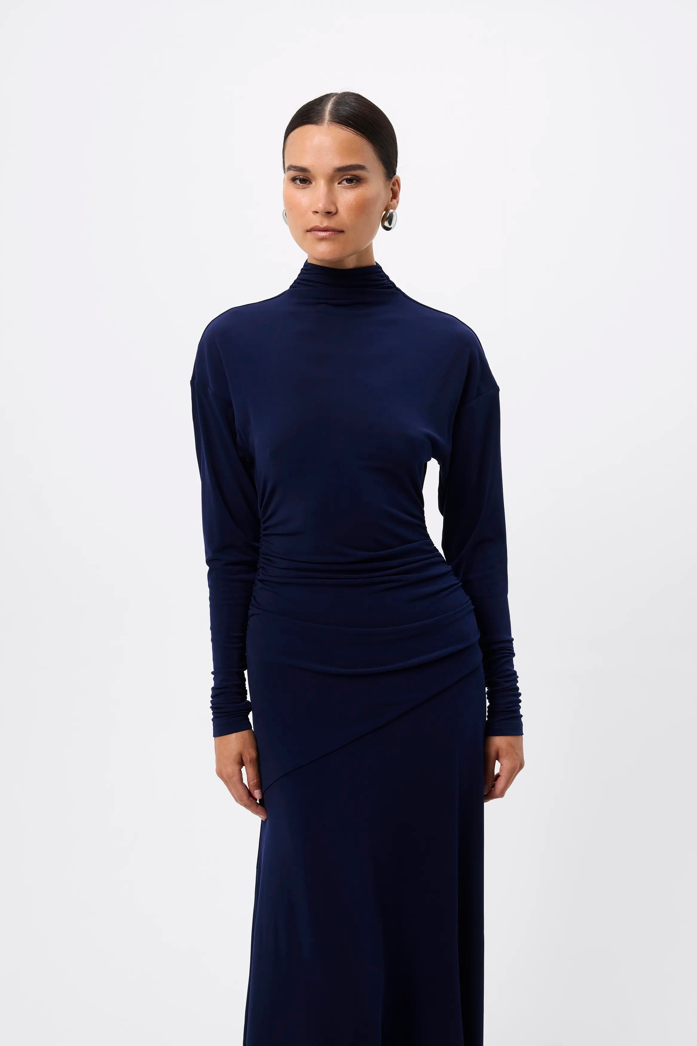 On & On Maxi Dress - Mossman | Navy Stretch Jersey Long Sleeve Dress | Image 4
