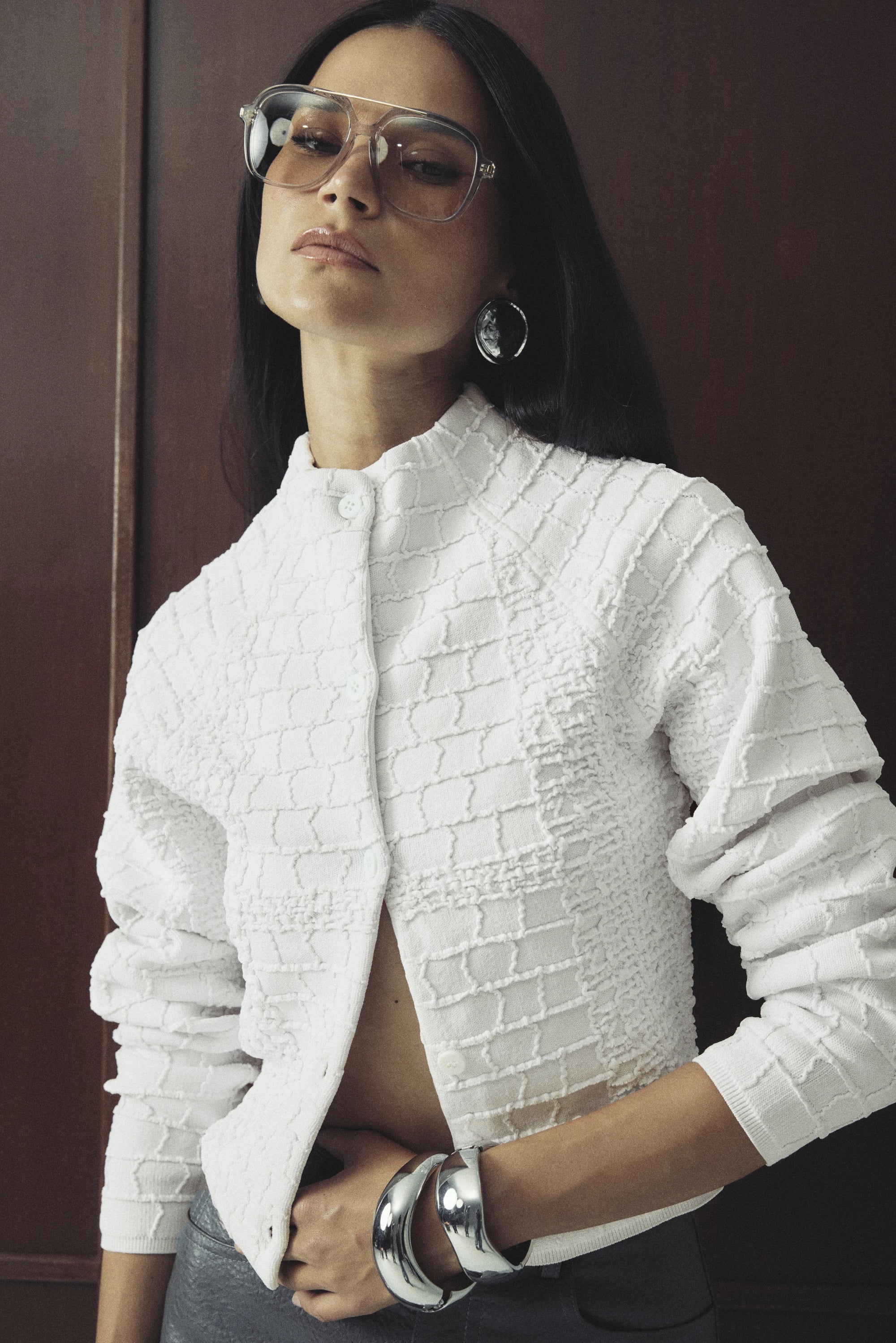 Carter Cardigan - Mossman | White Crocodile Texture Knit Top | Image 2