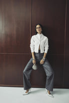 Jordan Wide Leg Pant - Mossman | Grey Pebbled Leather High Waisted Fit | Image 2