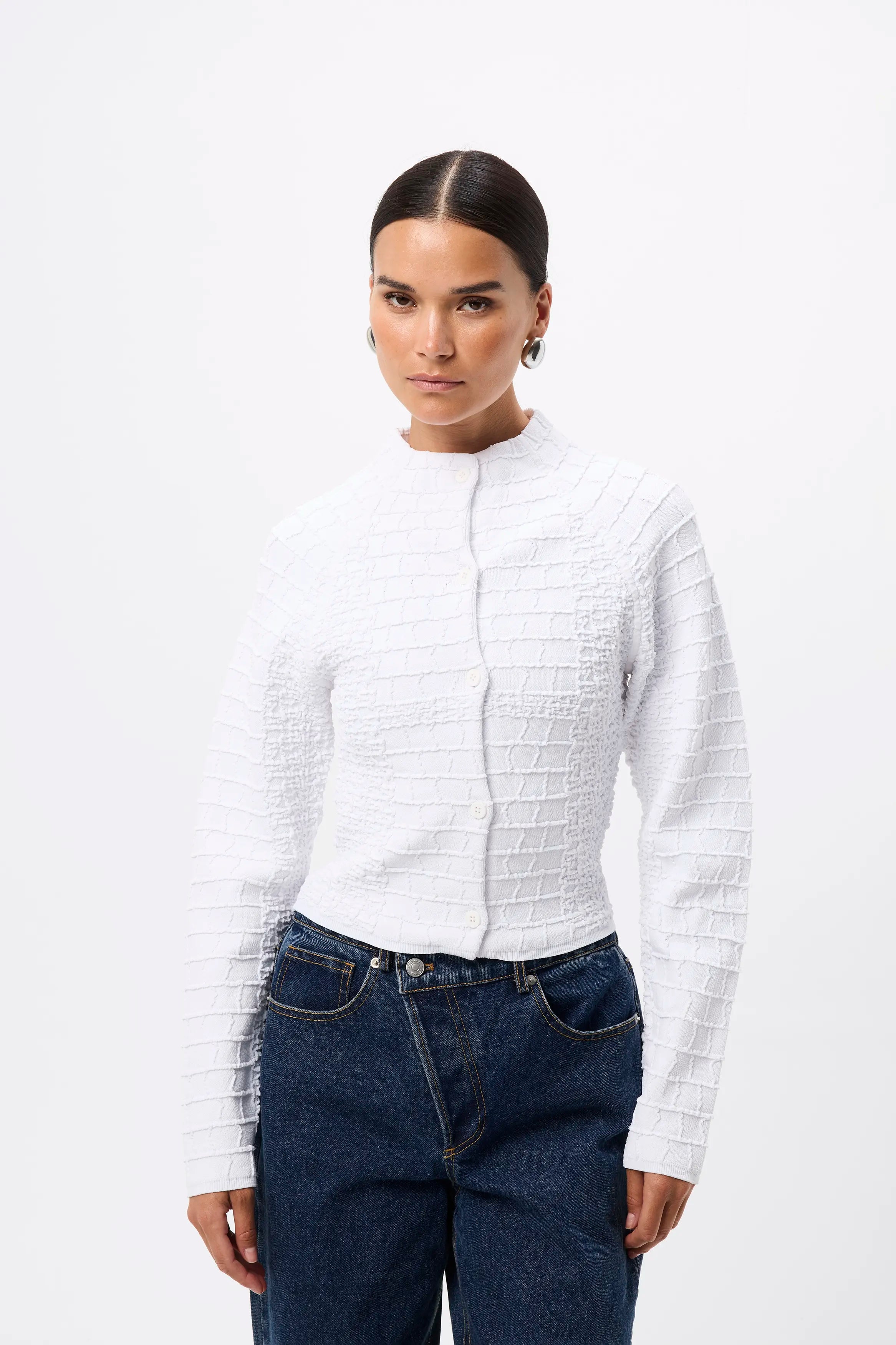 Carter Cardigan - Mossman | White Crocodile Texture Knit Top | Image 1