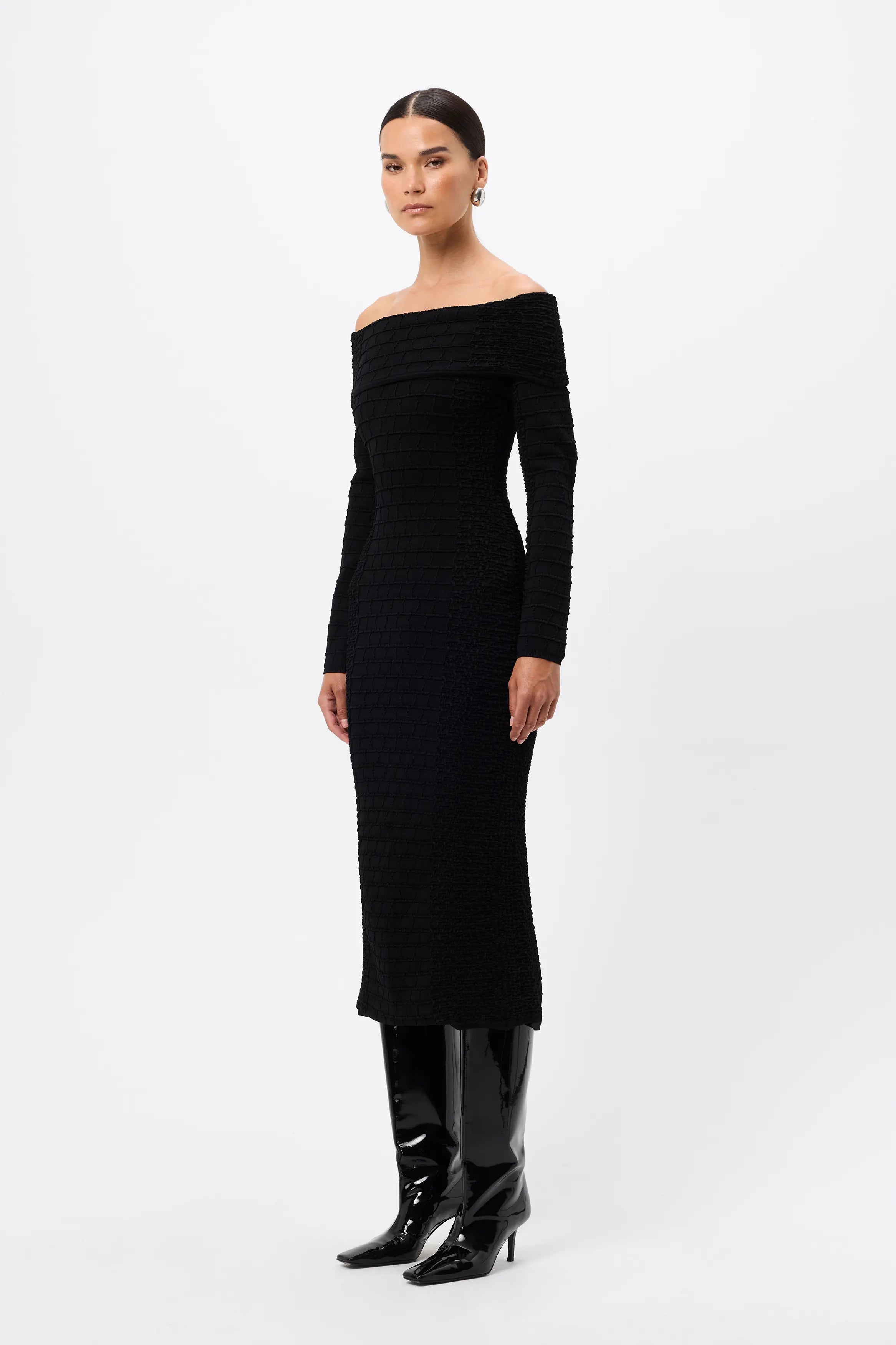 Carter Knit Midi Dress - Mossman | Black Crocodile Off Shoulder Dress | Image 7