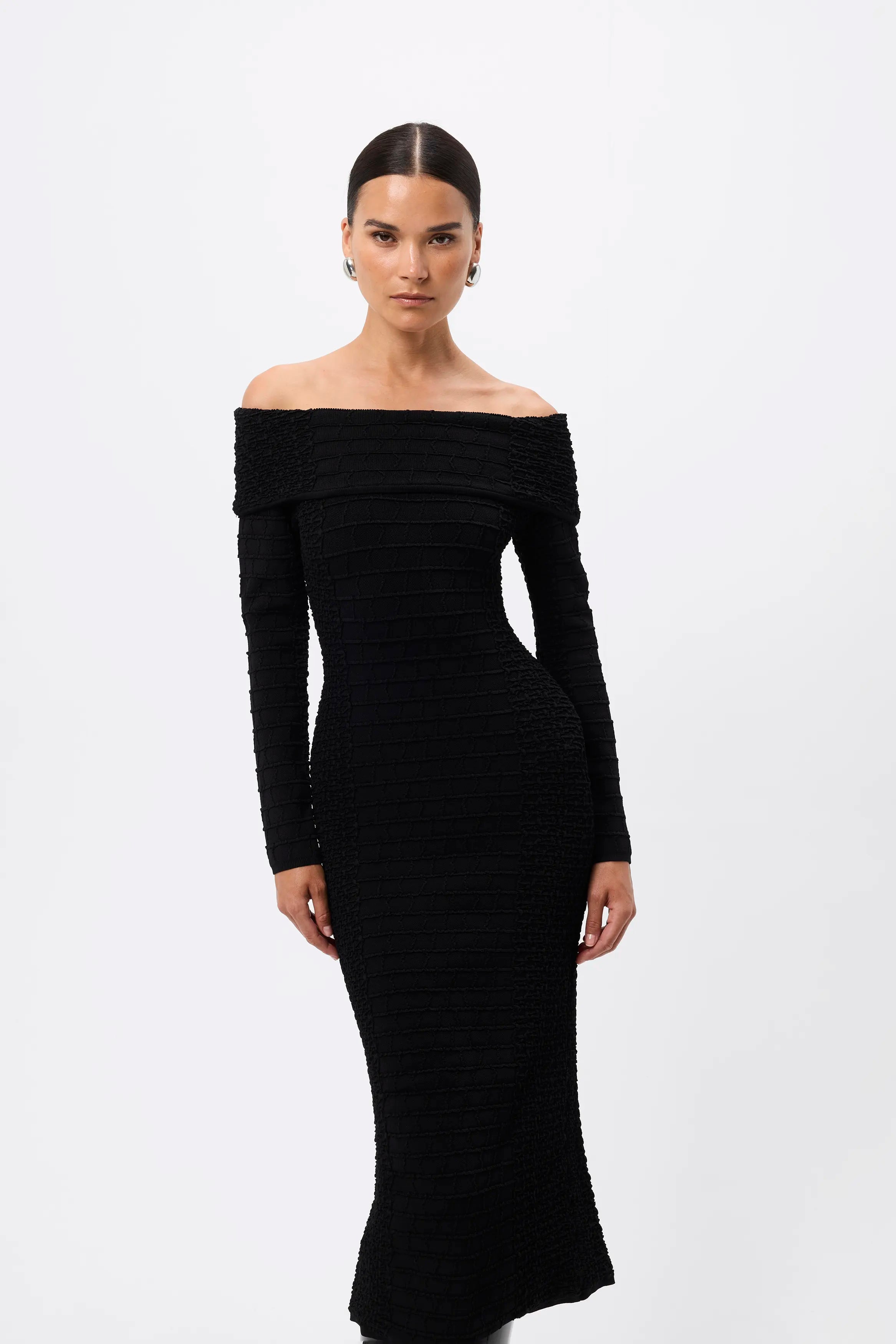 Carter Knit Midi Dress - Mossman | Black Crocodile Off Shoulder Dress | Image 4