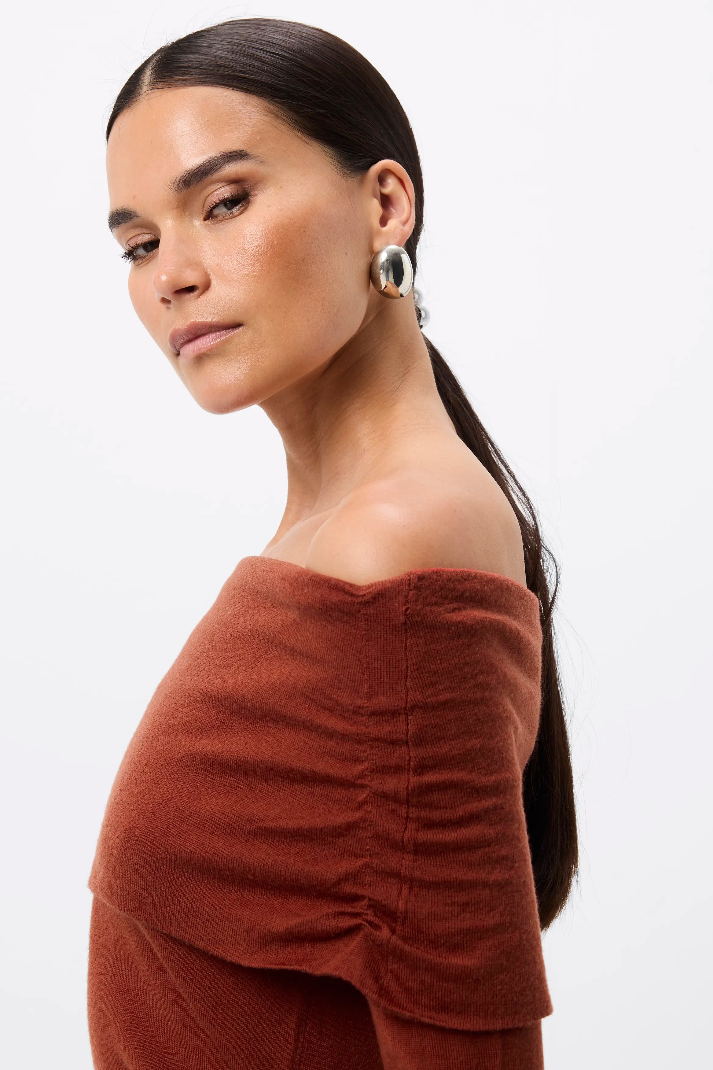 Maine Off Shoulder Merino Top - Mossman | Red Women's Knit Top | Image 4