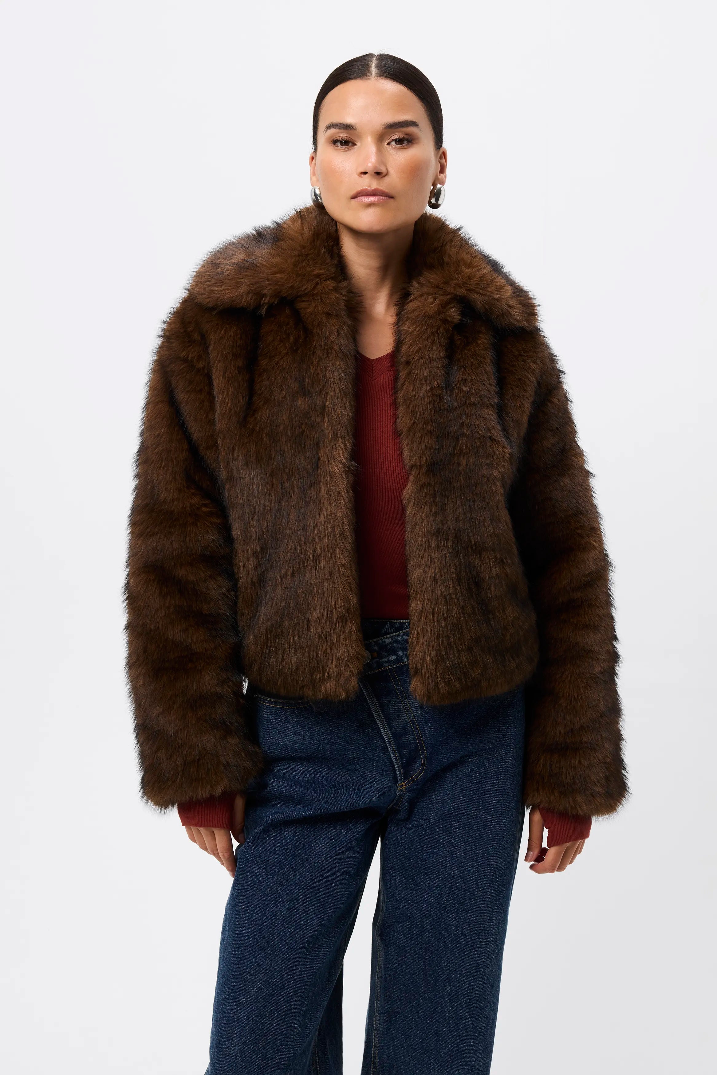 Miranda Jacket - Mossman | Plush Faux Fur Women's Brown Short Coat | Image 1