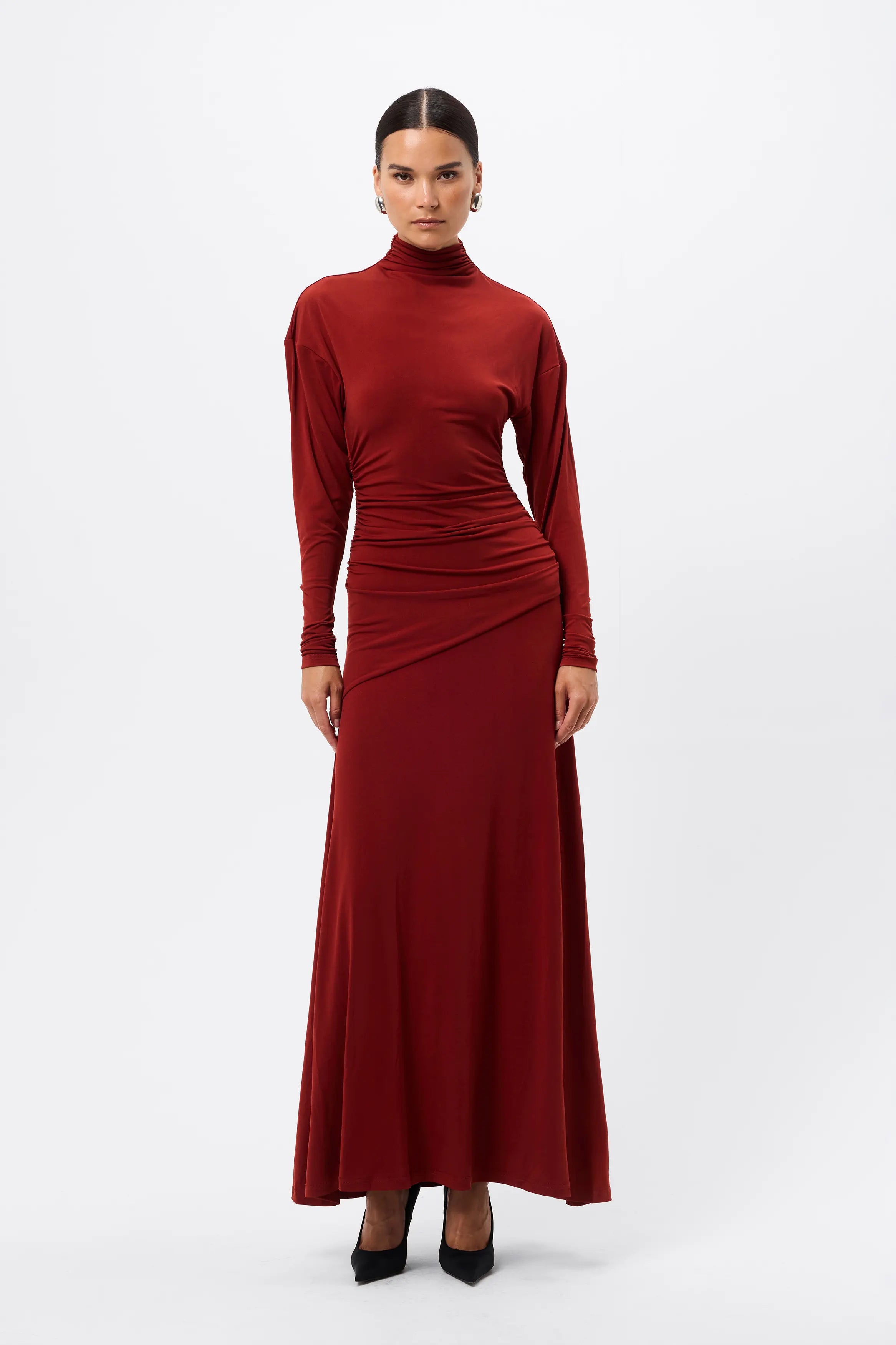 On & On Maxi Dress - Mossman | Red Stretch Jersey Long Sleeve Dress | Image 1