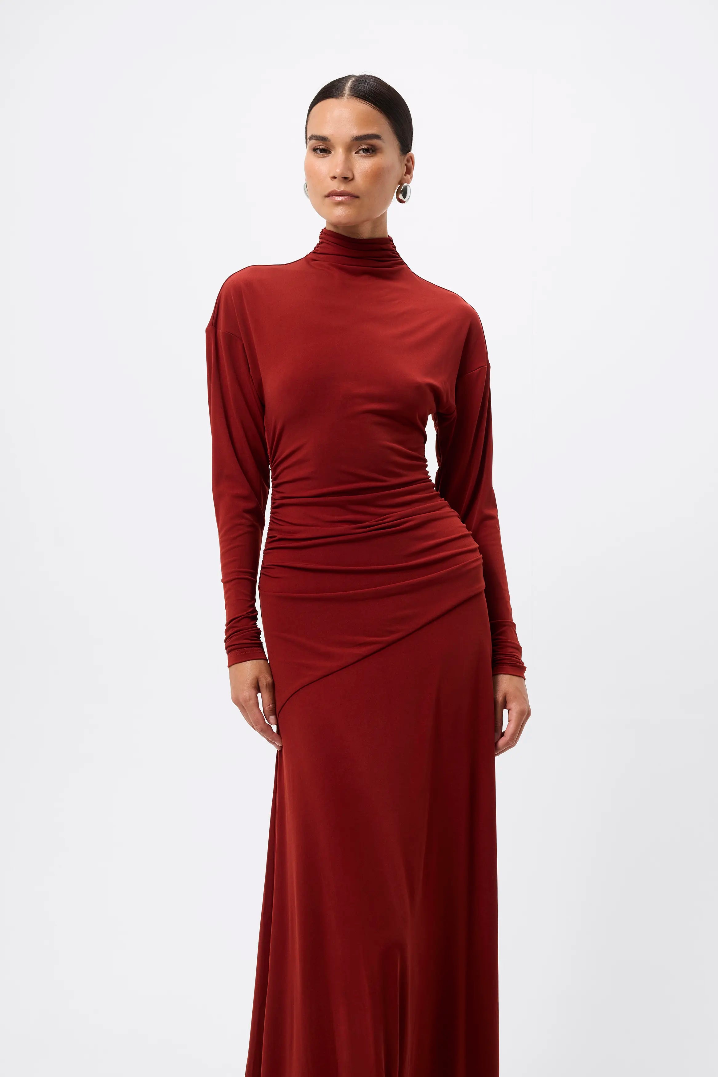 On & On Maxi Dress - Mossman | Red Stretch Jersey Long Sleeve Dress | Image 4
