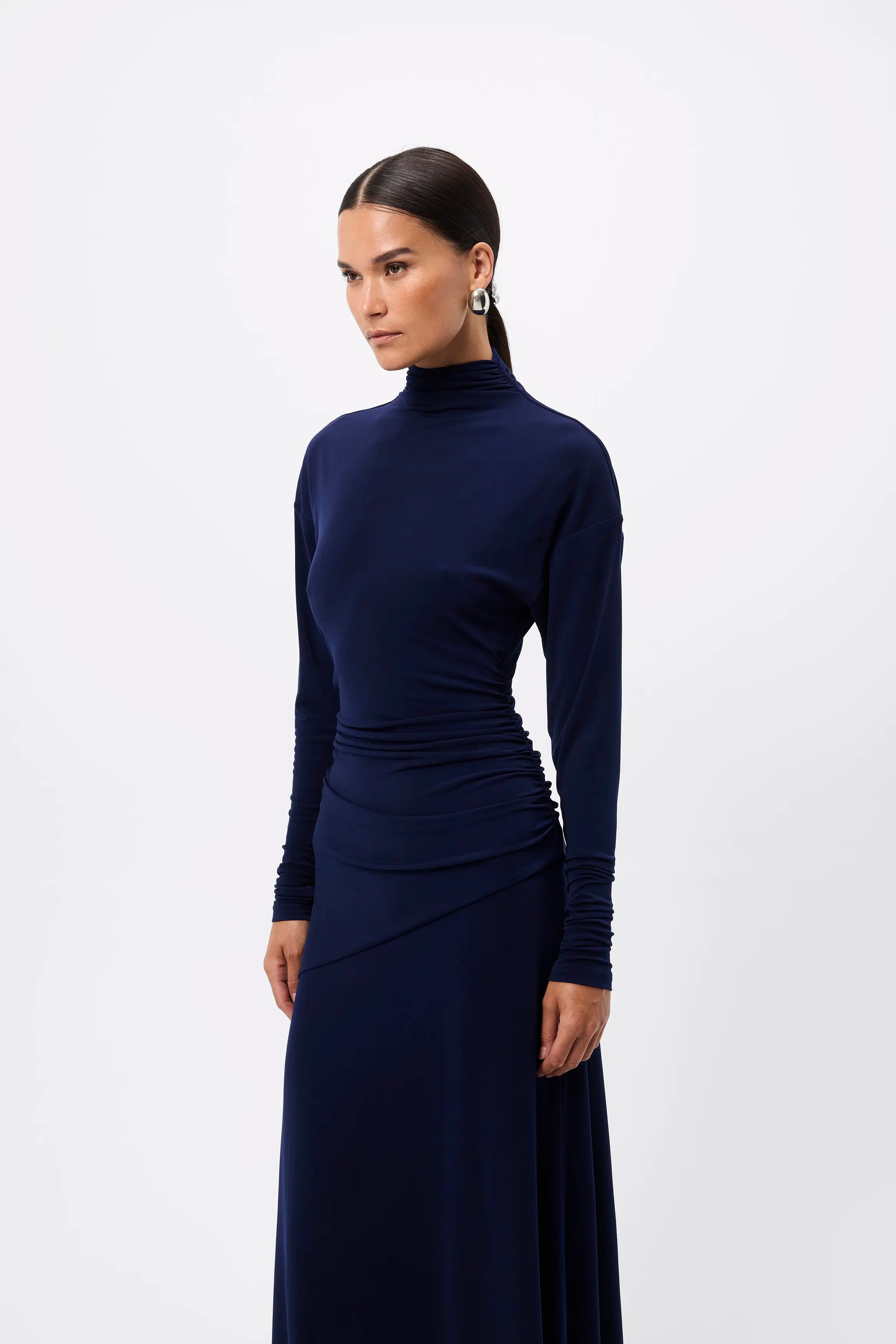On & On Maxi Dress - Mossman | Navy Stretch Jersey Long Sleeve Dress | Image 6